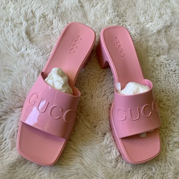 New GUCCI Wild Rose Pink Rubber GG Logo Slides Heel Mules Sandals Women’… - Picture 9 of 12